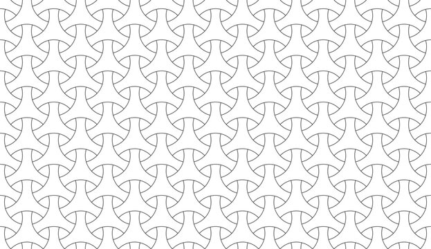 Seamless surface pattern design with traditional japanese ornament. Three pronged blocks tessellation. Repeated white interlocking figures on black background. Bishamon armor motif. Sashiko embroidery
