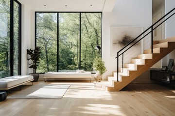 A modern house with simple furniture and decoration, featuring lightcolored wooden flooring, staircase, and white walls. It has large windows with black frames, and a minimalist style.