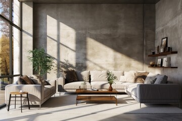 A contemporary living room in an apartment, house, or office with stylish interior design. It features bright and modern details, such as furnishings and decorative elements. The room is illuminated