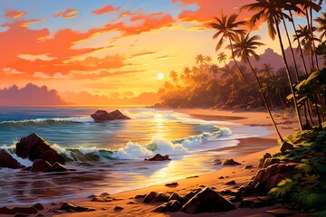 Epic sunset view of heavenly tropical beach. Realistic illustration
