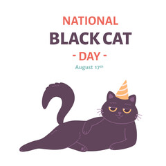 National Black Cat Day. Cute cat in party hat. Vector illustration in flat style