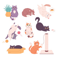 Cute cat characters collection. Cats doing various feline activities, playing, sleeping, lying, sitting. Vector illustration in flat style