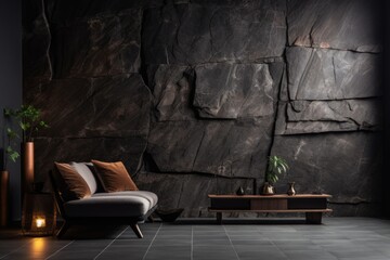 A studio room with a dark abstract stone wall serves as an interior texture for displaying products, creating a background for the wall.