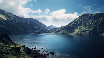 a large body of water surrounded by mountains and a blue sky.  generative ai
