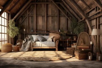 A cozy barn interior background has been used as a render for a home mockup.