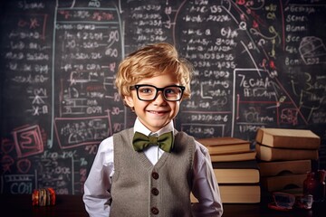 A young boy with glasses, wearing a suit, standing in front of a blackboard with math on it.