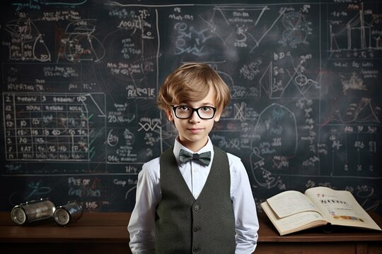 A young boy with glasses, wearing a suit, standing in front of a blackboard with math on it.