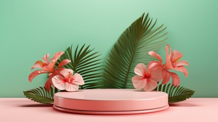 Summer themed tropical podium for display product. Background for cosmetic product branding, identity and packaging.