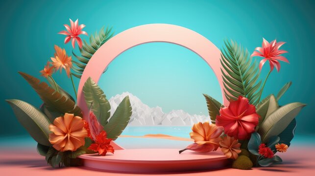 Summer themed tropical podium for display product. Background for cosmetic product branding, identity and packaging.
