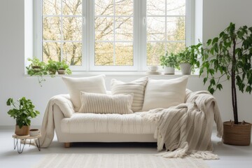 White couch in living room with sunlight and plants.