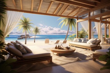 Fototapeta na wymiar Vacation and summer 3D render interior of an ocean facing villa with a beach lounge.