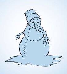 Snowman in snow. Vector drawing.