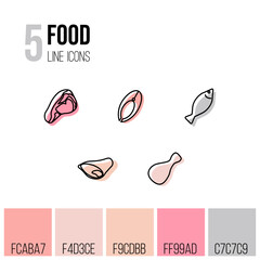 5 healthy food icons, black on a white background, colored. Protein: meat, fish, chicken leg, cutaway fish, pork leg. Used for designing mobile applications.