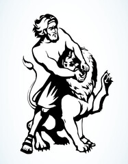 Samson fights a lion. Vector drawing
