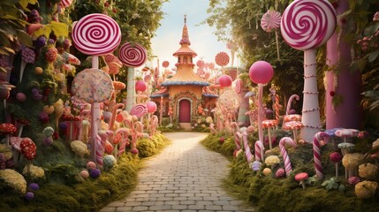  a garden with lots of lollipops and candy canes.  generative ai - obrazy, fototapety, plakaty