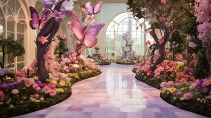  a room with a walkway and a lot of flowers on the floor.  generative ai