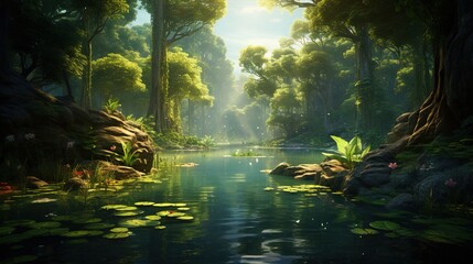  a painting of a river surrounded by trees and water lillies.  generative ai