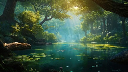  a painting of a river surrounded by trees and water lillies.  generative ai