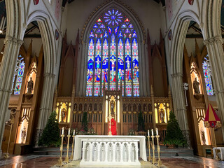Altar of St Michael's Cathedral, in polychrome Gothic style. Toronto, Ontario, Canada.
