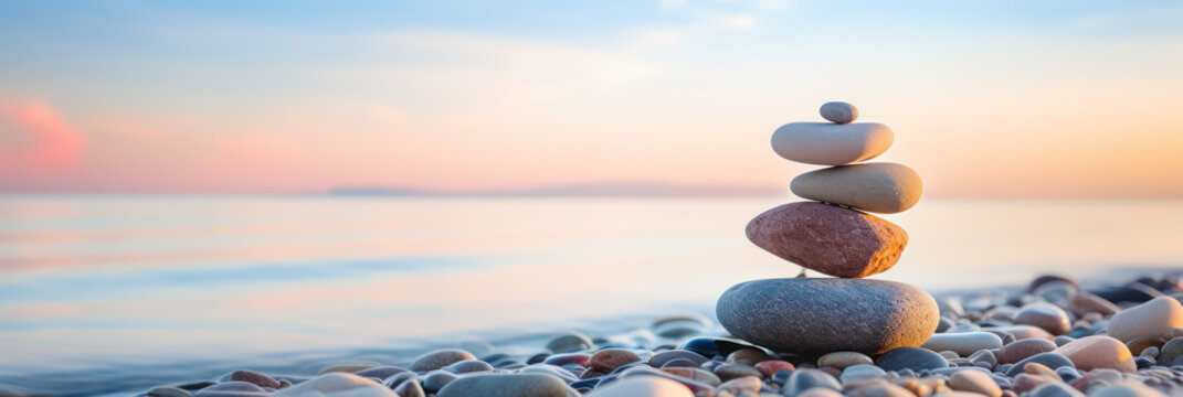 Zen stone tower with peaceful sea and sky bokeh