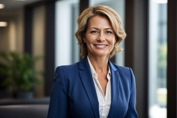 a closeup photo portrait of happy middle aged business woman ceo standing in office. Image created using artificial intelligence.