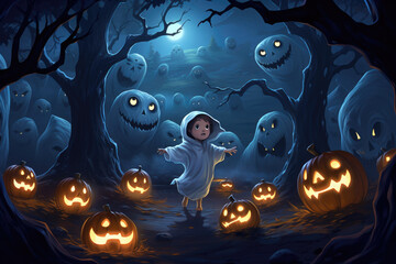 Little girl in the middle of a forest surrounded by pumpkins and ghosts