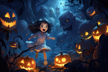Little girl running through the forest surrounded by monsters and pumpkins