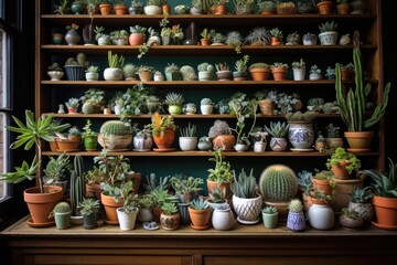 Fototapeta na wymiar A variety of house plants can be found in this collection, including cacti and succulents presented in various pots. Some examples of specific plants include echeveria, haworthia, aloe vera, and