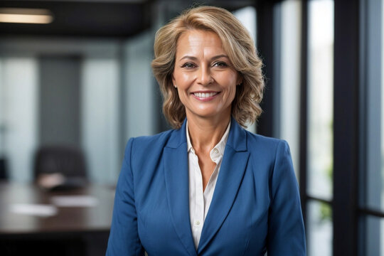 a closeup photo portrait of happy middle aged business woman ceo standing in office. Image created using artificial intelligence.