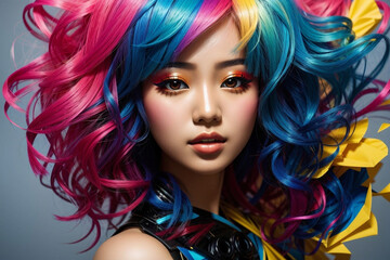 Stunning creative portrait of Asian woman with bright cmyk hair and makeup. Asia. Art. Design. Image created using artificial intelligence.