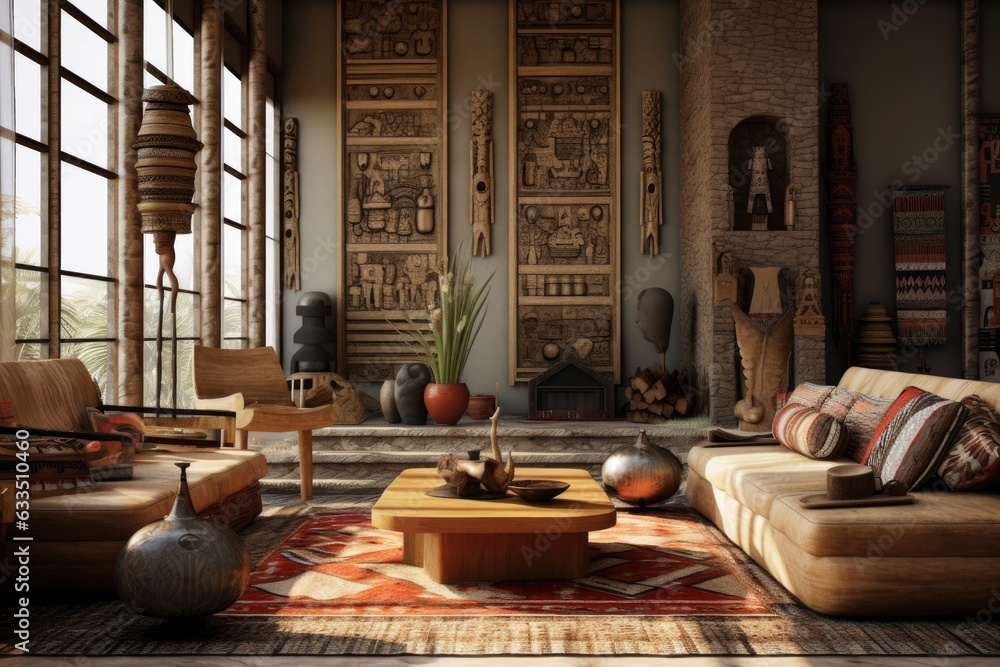 Wall mural The living room interior of a home is beautifully decorated in an ethnic African style, as showcased in a realistic render.