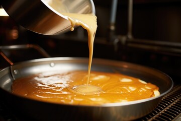 pancake batter being poured onto a hot griddle