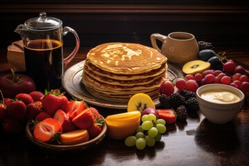 pancake breakfast setup with coffee and fruit