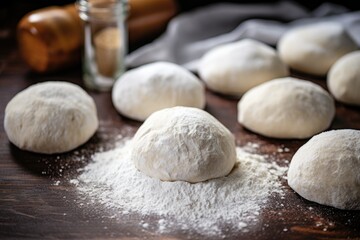 Fototapeta na wymiar freshly rolled dough balls on a floured surface