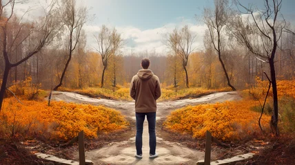 Foto op Plexiglas A young man stands at the crossroads of two roads in the autumn time. Concept of choice. © Anna