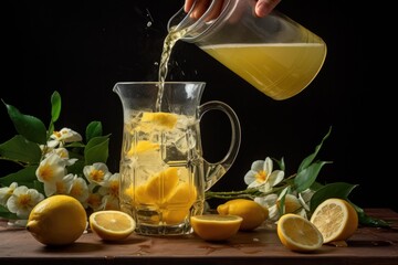 pouring lemonade from a pitcher into a glass