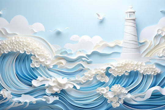 Lighthouse in ocean in kirigami style