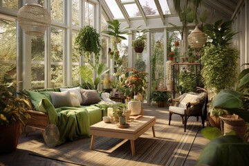 A retrostyle home garden is created through Scandinavian interior design, focusing on a winter indoor garden adorned with various houseplants. An old house orangery is transformed with the inclusion - obrazy, fototapety, plakaty