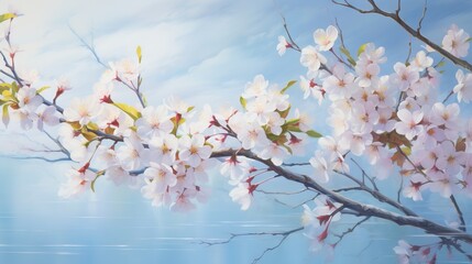  a painting of a branch with white flowers on a blue background.  generative ai