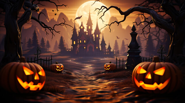 spuky scary castle with graveyard and pumkins in front as halloween background