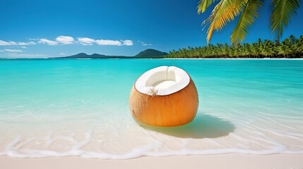 Fototapeta na wymiar a coconut sitting on top of a sandy beach next to the ocean. generative ai