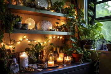 nighttime skincare shelf with fairy lights and plants