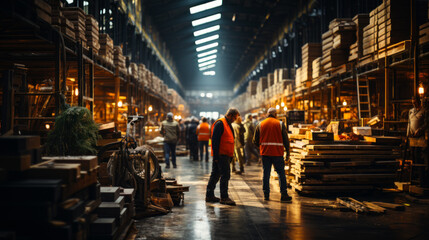 Warehouse full of workers in a warehouse in the sity. Group of people walking through a warehouse