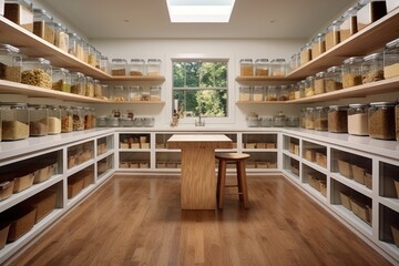 minimalist pantry design with shelves of clear storage bins