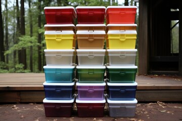 stack of color-coded storage containers with labels