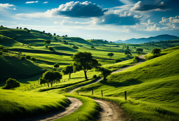 Fototapeta na wymiar Scenic dirt road winding through a vibrant green field. Pathway through the grassy landscape