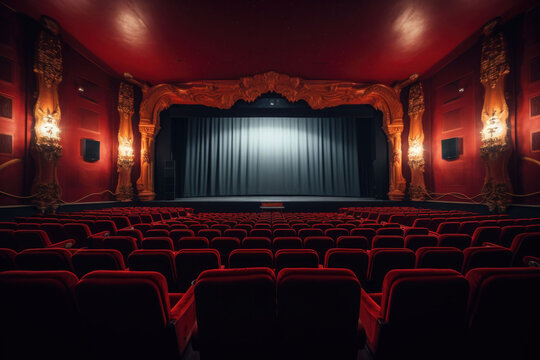 Empty modern movie theatre interior with screen and seats. Generative AI