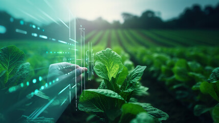 Human hand touching virtual screen against field of young tobacco growing in farm