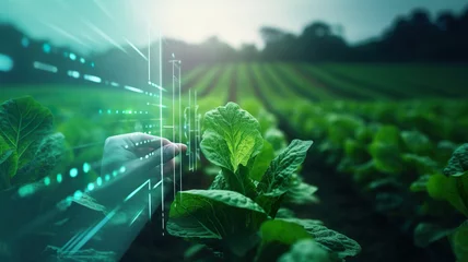  Human hand touching virtual screen against field of young tobacco growing in farm © Anna