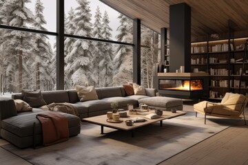 A chic country chalet with a large window offering a panoramic view of the winter forest embodies a cozy and warm interior. The layout is open, adorned with wooden elements and exudes a sense of